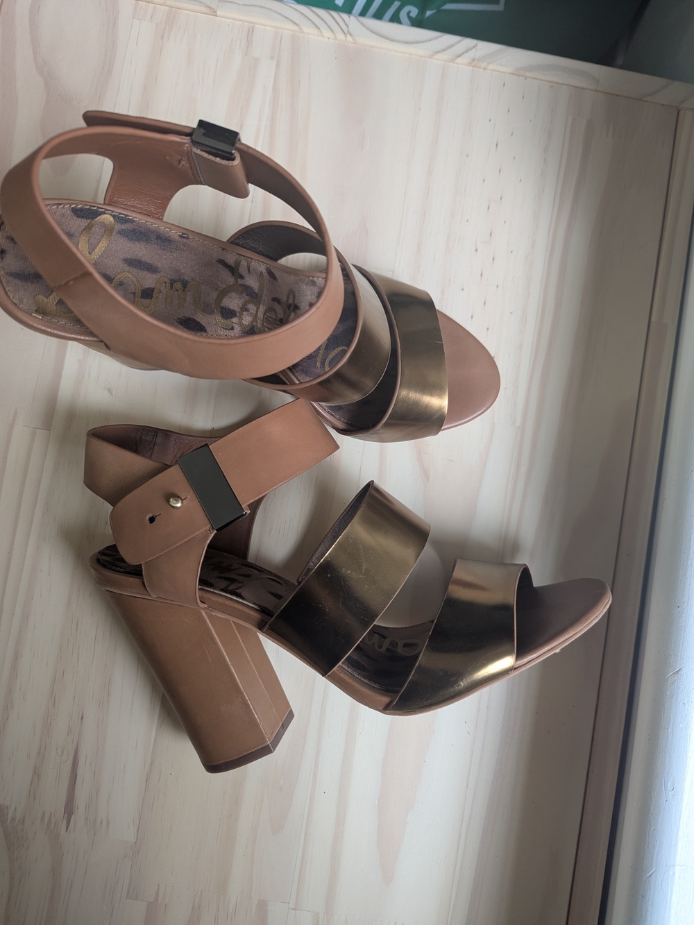 Sam Edelman Tan and Metallic Gold Block Heel Sandals